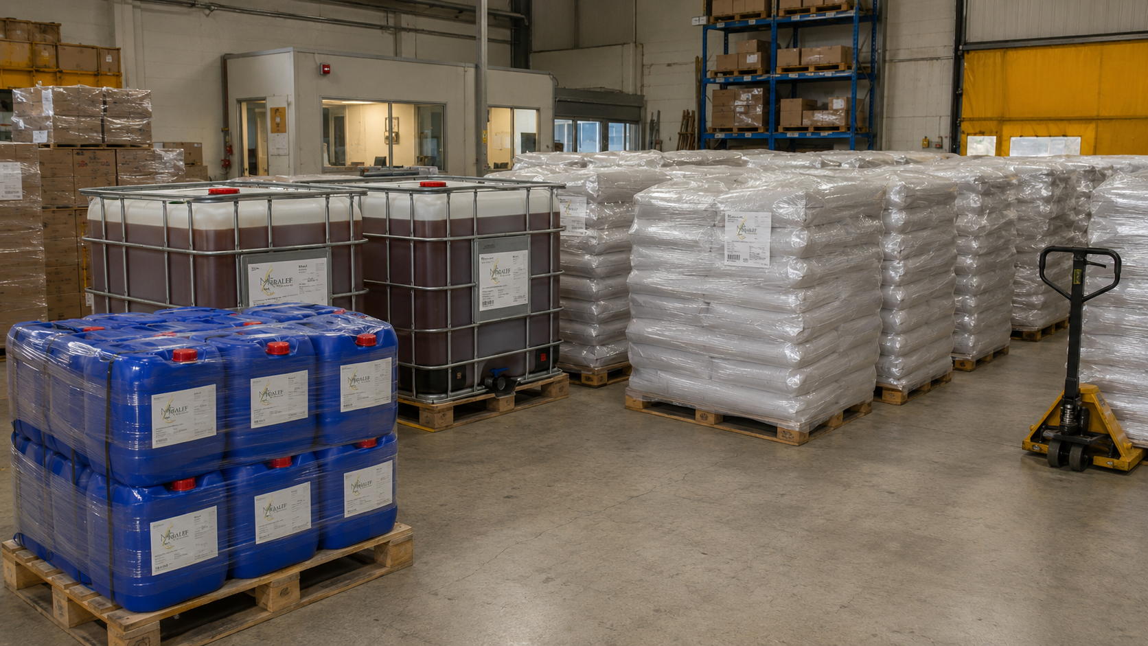 Miralef Großgebinde: IBC-Container, Kanister und palettierte Ware im Lager
