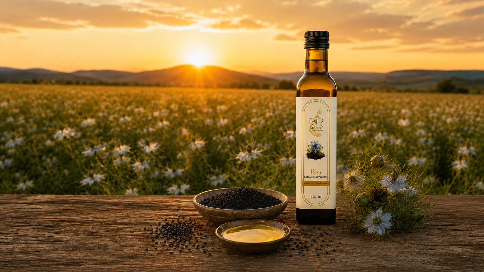 Miralef Bio Schwarzkümmelöl im Schwarzkümmelfeld bei Sonnenuntergang